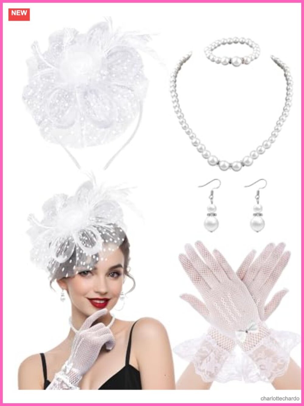 5Pc Fascinators Hat Set Mesh Organza Lace Tea Party Veil Headband Gloves